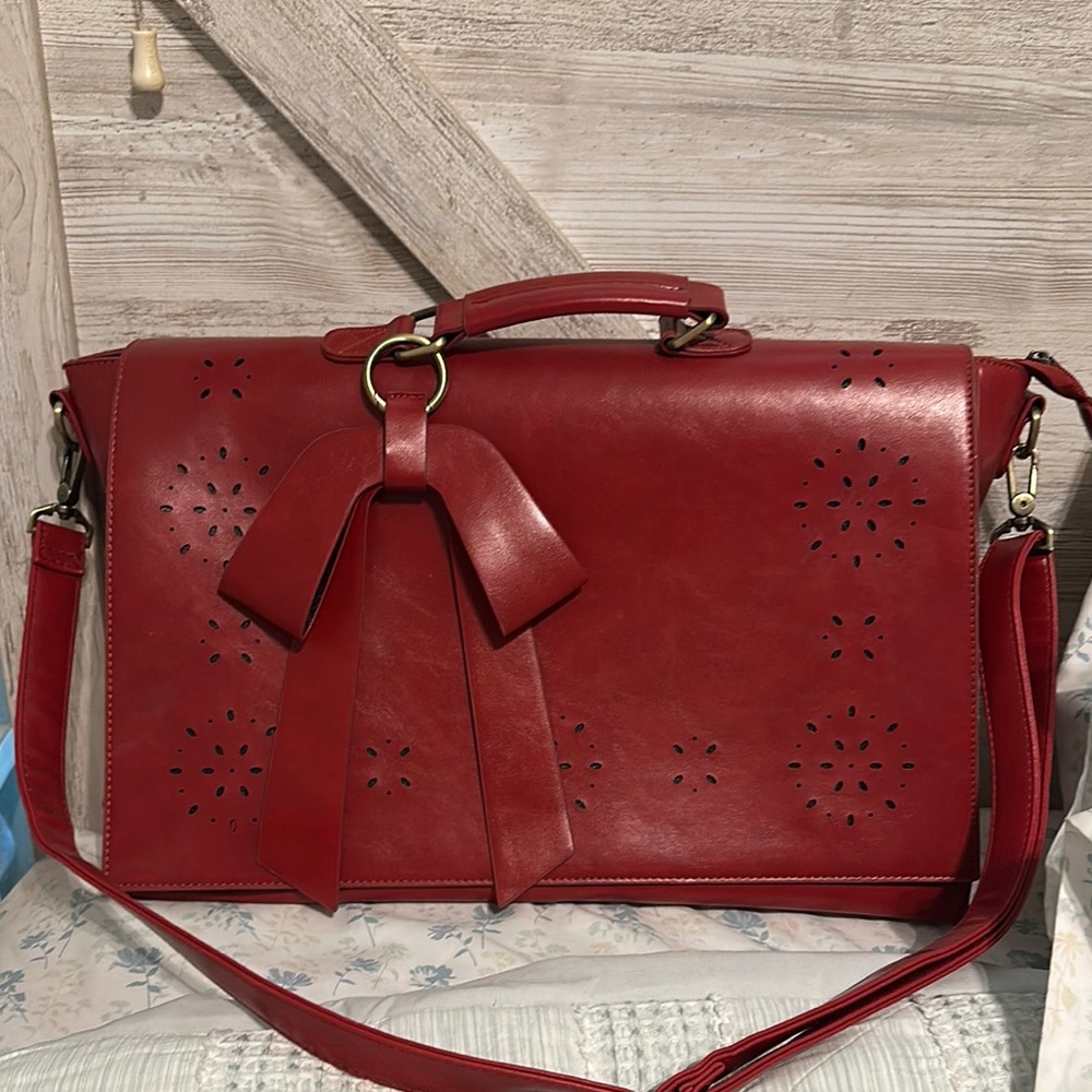 Red Leather Satchel with Perforated Design WALASA